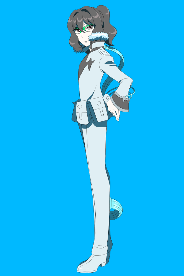 10s 1boy bad_id bad_pixiv_id binan_koukou_chikyuu_bouei-bu_love! cosplay full_body green-framed_eyewear inumuta_houka inumuta_houka_(cosplay) kill_la_kill male_focus okumura_096 ponytail purple_hair ringozaka_mariko short_hair simple_background solo tazawa_masuya