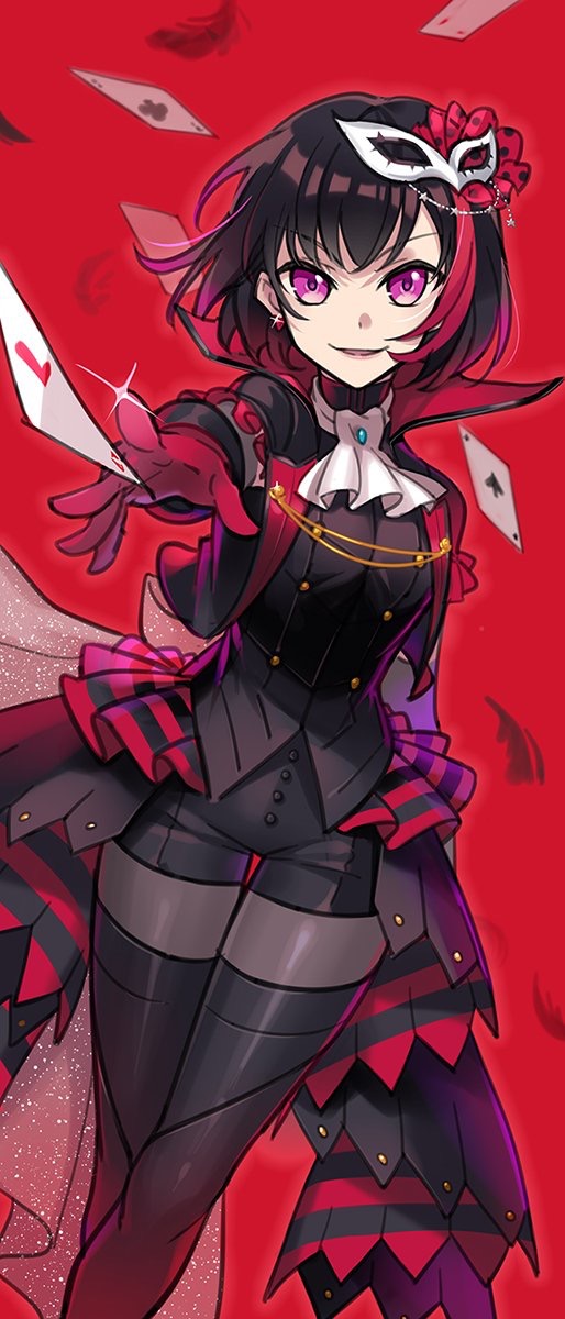 &gt;:) 10s 1girl ace_(playing_card) ace_of_clubs ace_of_hearts ace_of_spades adapted_costume amamiya_ren amamiya_ren_(cosplay) ascot bang_dream! black_boots black_hair black_jacket black_pantyhose black_shorts bob_cut boots card club_(shape) cosplay earrings female_focus glint gloves hair_ornament heart highres jacket jewelry joker_(persona_5) looking_at_viewer mask mask_on_head masquerade_mask mitake_ran multicolored_hair nashi_(tidal0414) pantyhose persona persona_5 playing_card polka_dot purple_eyes red_background red_gloves red_hair short_hair short_shorts shorts showgirl_skirt smile solo spade_(shape) streaked_hair thigh_boots thigh_gap thighhighs white_ascot