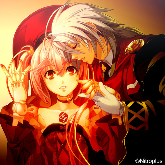 00s 1boy 1girl another_blood choker closed_eyes daijuuji_kuzaku demonbane doll_joints gloves hat hetero holding_hands joints nail_polish nishii_(damnedrive) nitroplus pink_hair red_eyes red_nails short_hair silver_hair tattoo
