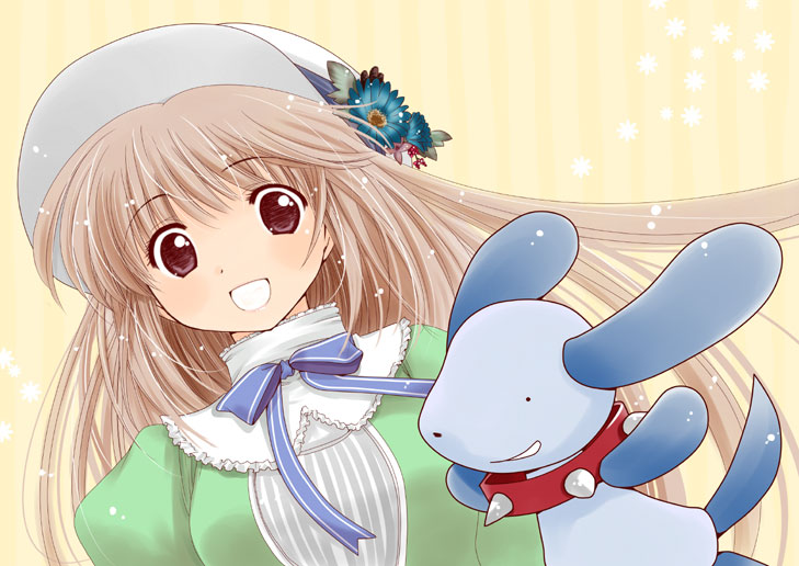 00s 1girl :d brown_eyes brown_hair collar dog female_focus flower hanato_kobato hat hat_flower ioryogi kobato. long_hair looking_at_viewer neck_ribbon open_mouth patoto ribbon smile solo spiked_collar spikes stuffed_animal stuffed_toy upper_body