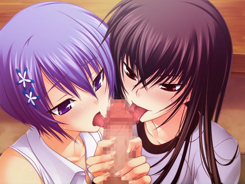 1boy 2girls brown_hair censored collarbone collared_shirt cooperative_fellatio fellatio ffm_threesome game_cg group_sex hair_between_eyes hair_ornament kawagishi_keitarou kawakami_momoyo licking licking_penis long_hair maji_de_watashi_ni_koi_shinasai! mosaic_censoring multiple_girls oral penis purple_eyes purple_hair red_eyes shiina_miyako shirt short_hair sleeveless sleeveless_shirt straight_hair teamwork_(sexual) threesome tongue tongue_out white_shirt wing_collar