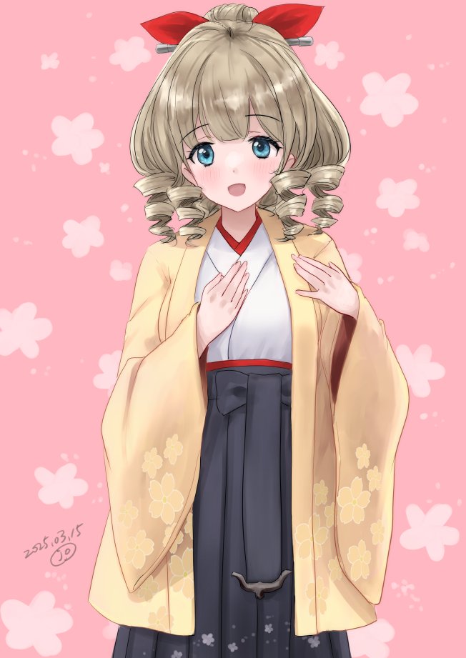 1girl black_hakama blue_eyes coat drill_hair feet_out_of_frame floral_background grey_hair hair_ribbon hakama hand_on_own_chest haori hatakaze_(kancolle) japanese_clothes kantai_collection kimono kitagawa_mikio medium_hair meiji_schoolgirl_uniform pink_background ponytail ribbon solo white_kimono yellow_coat