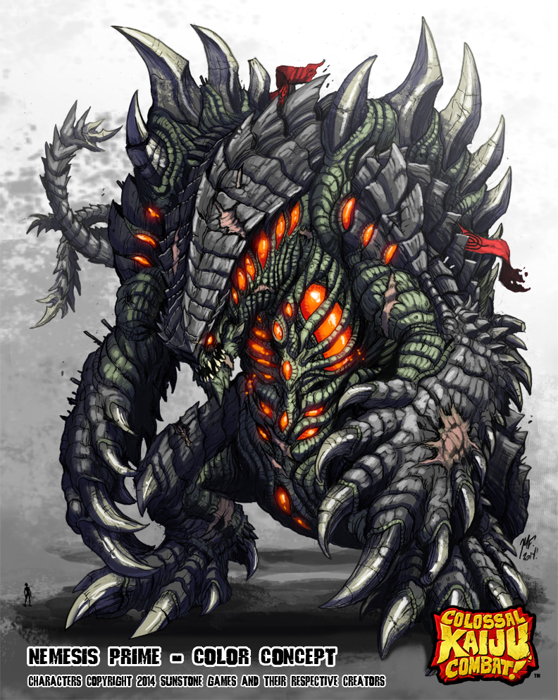bioluminescence claws colossal_kaiju_combat commentary crossover english_commentary epic flag giant giant_monster glowing jaw kaiju long_tail matt_frank monster multiple_tails nemesis_prime_(project_nemesis) nemesis_saga neo_prime_(project_nemesis) official_art open_mouth project_nemesis project_nemesis_(series) scar sharp_teeth spiked_tail spines sunstone_games tail teeth two_tails