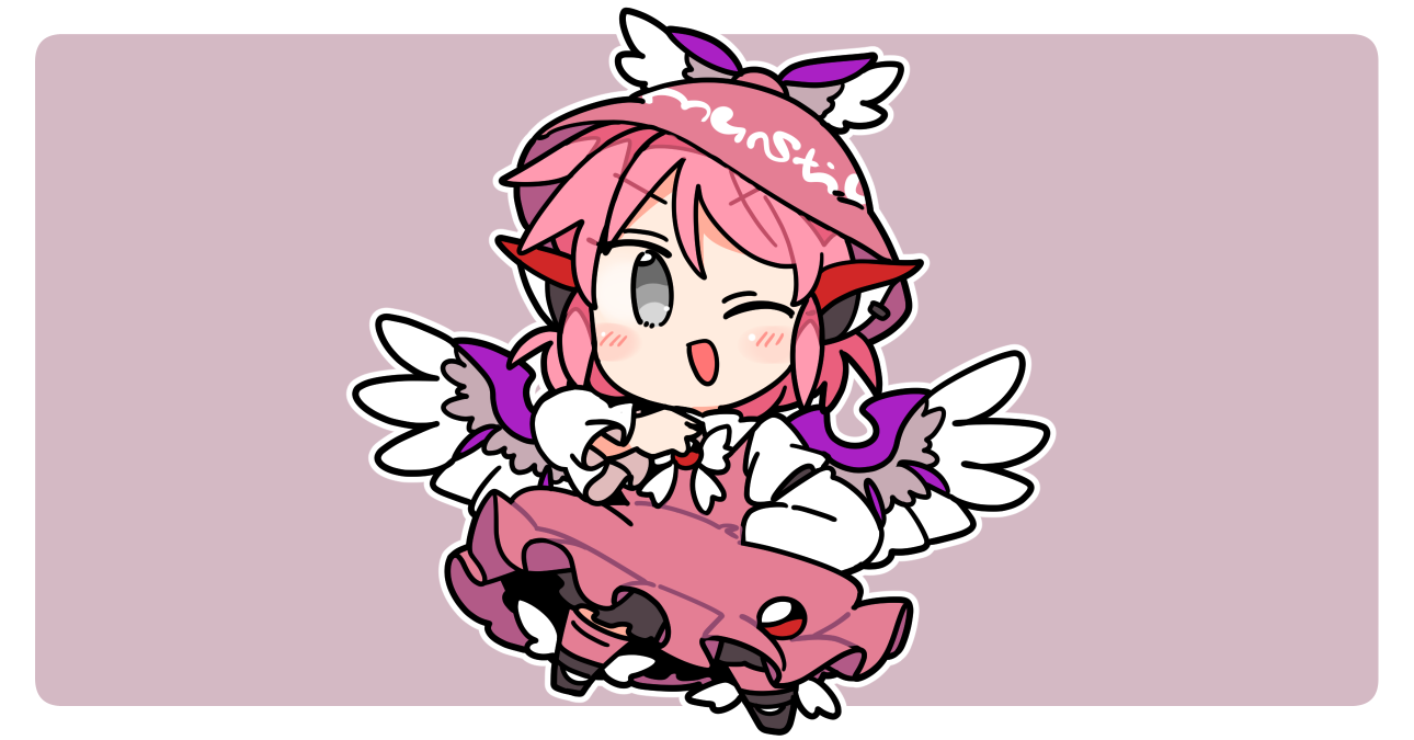 1girl ;d animal_ear_piercing animal_ears bird_ears bird_wings black_shoes blush border brown_background brown_dress brown_hat brown_socks commentary_request dress earrings frilled_dress frills full_body grey_eyes hand_on_own_chest hand_on_own_hip hat ini_(inunabe00) jewelry long_sleeves mystia_lorelei one_eye_closed open_mouth outline outside_border pink_hair shoes short_hair simple_background single_earring sleeve_garter smile socks solo touhou v-shaped_eyebrows white_border white_outline winged_hat winged_shoes wings