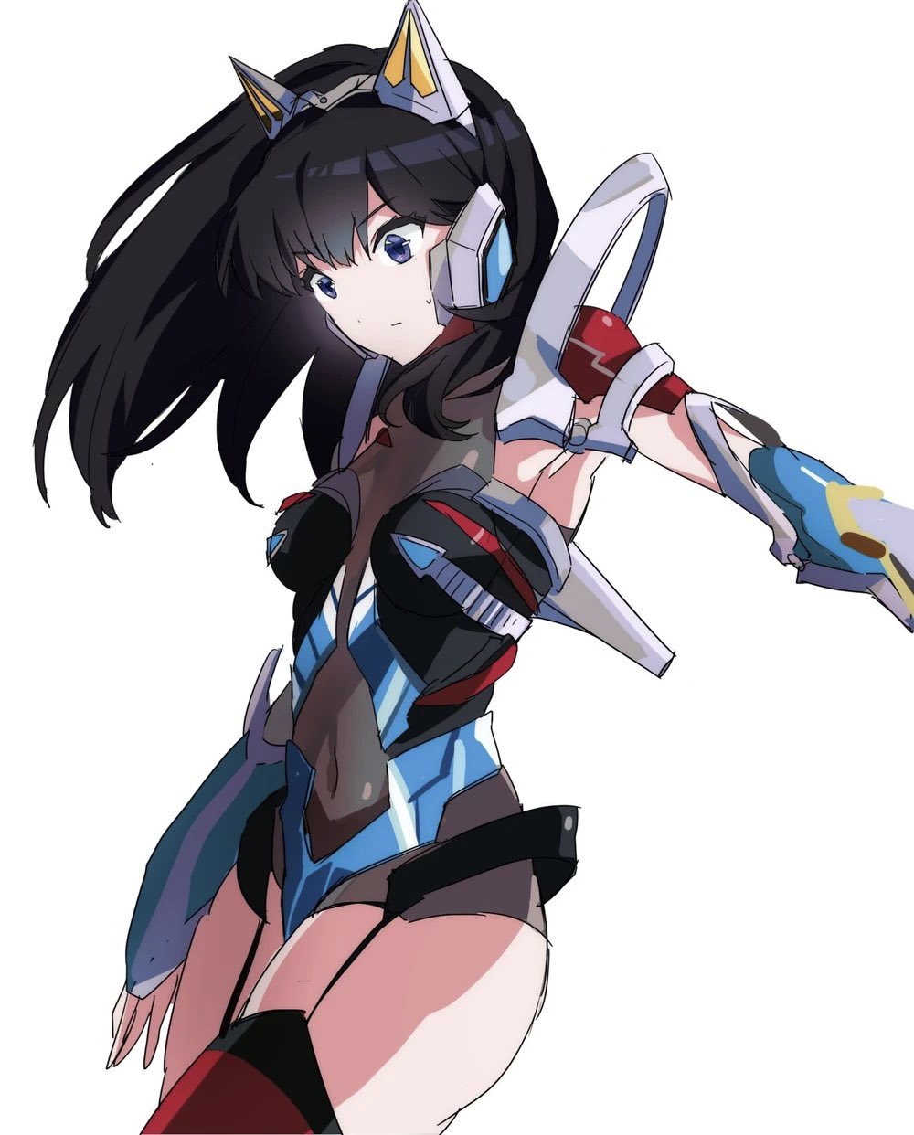 1girl acceptor arm_guards armor armored_boots black_hair blue_eyes boots breasts cosplay gloves gridman_(character) gridman_(ssss) gridman_(ssss)_(cosplay) gridman_universe headgear highres long_hair mecha_musume saekomjjang simple_background solo ssss.gridman takarada_rikka thighhighs thighs white_armor white_background
