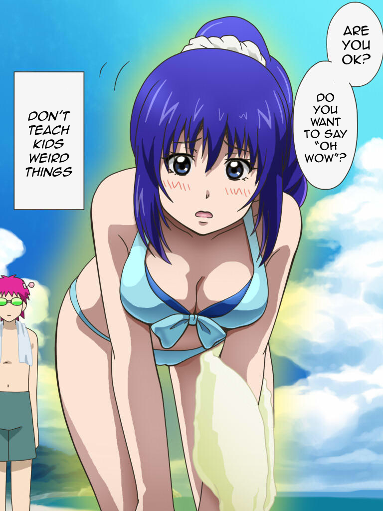 1boy 1girl aura awa bent_over bikini blue_bikini blue_bow blue_eyes blue_hair blush bow bow_bikini breasts cleavage day english_text glasses green_male_swimwear green_swim_trunks hair_between_eyes hands_on_own_knees looking_at_viewer male_swimwear medium_breasts navel pink_hair ponytail resized saiki_kusuo saiki_kusuo_no_psi_nan scrunchie speech_bubble swim_trunks swimsuit teruhashi_kokomi towel towel_around_neck upscaled