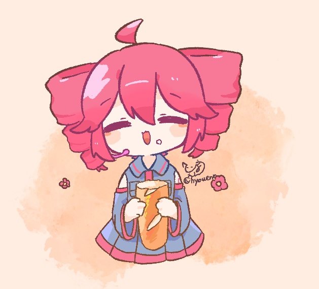 1girl ahoge baguette bread chibi chibi_only closed_eyes commentary detached_sleeves drill_hair eating facing_viewer flower food food_on_face grey_shirt grey_skirt grey_sleeves headset holding holding_food hyouenn kasane_teto kasane_teto_(utau) long_sleeves open_mouth pleated_skirt red_hair shirt signature skirt sleeveless sleeveless_shirt smile solo straight-on symbol-only_commentary twin_drills twitter_username upper_body utau