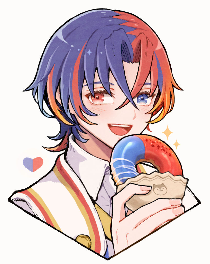 1boy alear_(fire_emblem) alear_(male)_(fire_emblem) blue_eyes blue_hair crossed_bangs donut fire_emblem fire_emblem_engage food hair_between_eyes heterochromia holding holding_donut holding_food kuhaha looking_at_viewer male_focus multicolored_hair nintendo open_mouth red_eyes red_hair short_hair smile solo sommie_(fire_emblem) split-color_hair two-tone_hair