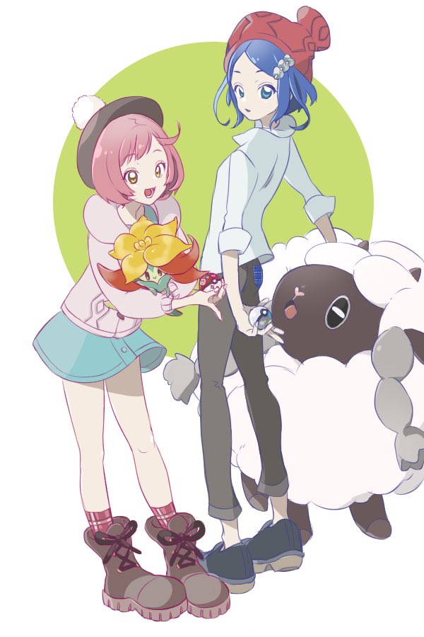2girls :d ayase_naru beanie black_footwear black_pants blue_eyes blue_hair blue_skirt boots brown_eyes brown_footwear brown_headwear cable_knit cardigan collared_shirt commentary_request cosplay full_body gen_8_pokemon gloria_(pokemon) gloria_(pokemon)_(cosplay) gossifleur grey_cardigan hat holding holding_poke_ball holding_pokemon hood hooded_cardigan long_sleeves looking_at_another multiple_girls niku_(onikujunjuwa) nintendo open_mouth pants pink_hair plaid_clothes plaid_socks poke_ball pokemon pokemon_(creature) pokemon_swsh pom_pom_(clothes) pretty_rhythm pretty_rhythm_rainbow_live pretty_series red_headwear red_socks rinne_(pretty_rhythm) shirt short_hair skirt smile socks standing swept_bangs tam_o&#039;_shanter victor_(pokemon) victor_(pokemon)_(cosplay) white_shirt wooloo
