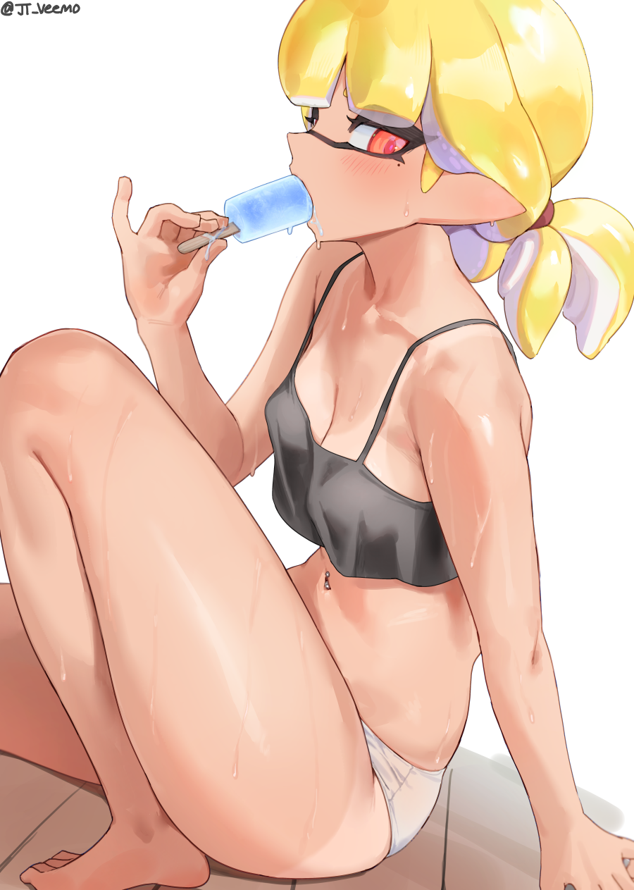 1girl agent_4_(splatoon) blonde_hair breasts cleavage commentary crop_top domino_mask food food_in_mouth highres holding holding_food holding_popsicle jtveemo looking_at_viewer mask navel_piercing nintendo piercing pointy_ears popsicle popsicle_in_mouth red_eyes simple_background small_breasts solo splatoon_(series) splatoon_2 splatoon_2:_octo_expansion sweat tentacle_hair thighs twitter_username white_background