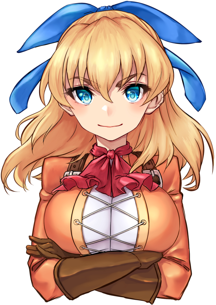 1girl ascot blonde_hair blue_bow blue_eyes bow breasts brown_gloves closed_mouth cropped_torso crossed_arms eyelashes eyes_visible_through_hair female_focus gloves hair_between_eyes hair_bow hair_spread_out highres large_breasts long_hair looking_at_viewer maya_schrodinger nyantiu orange_shirt red_ascot shirt simple_background smile solo thick_eyebrows upper_body v-shaped_eyebrows white_background wild_arms wild_arms_3