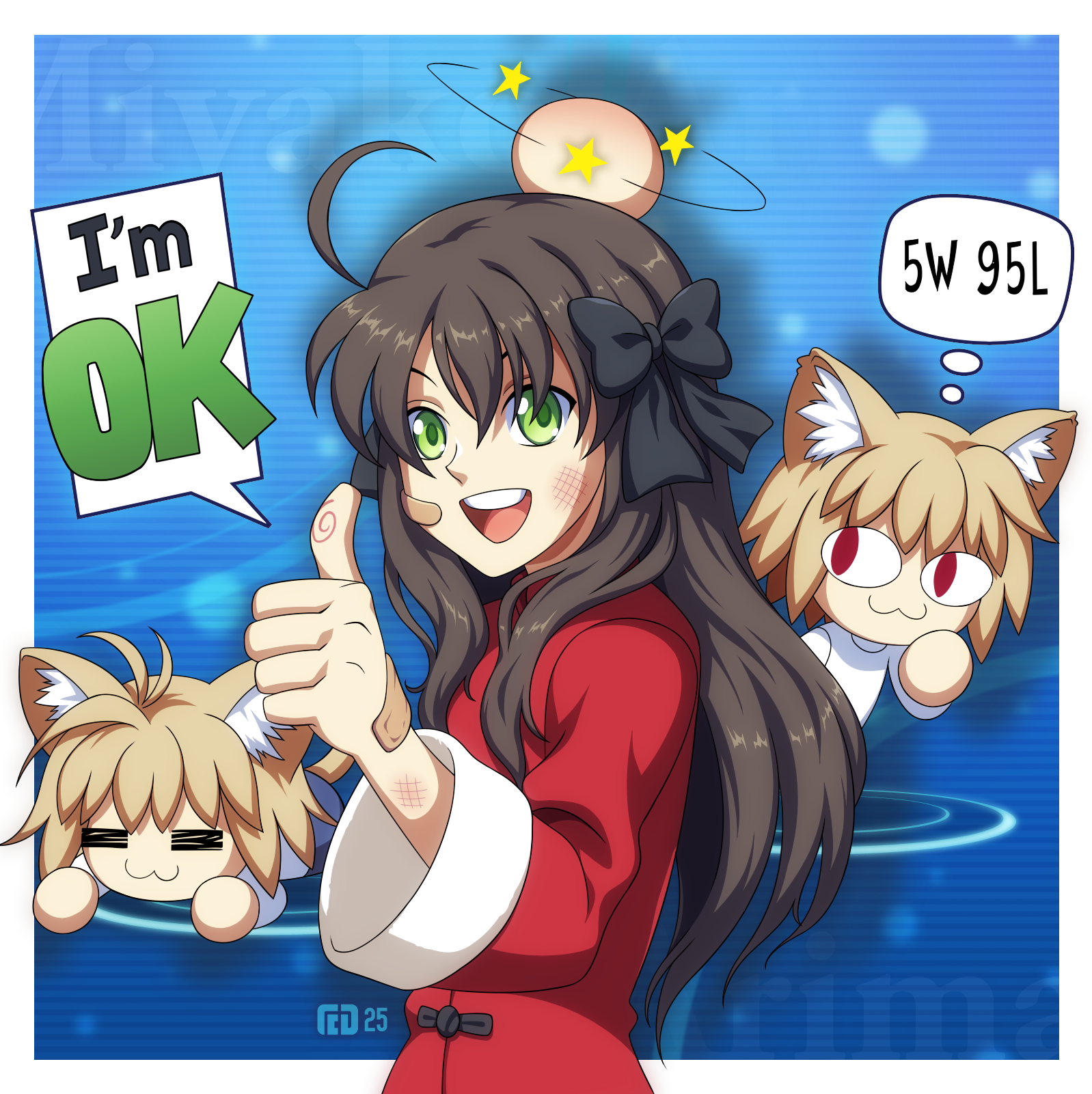 3girls :3 ahoge animal_ear_fluff animal_ears arima_miyako black_bow blonde_hair blue_background border bow brown_hair cat_ears cat_girl character_name chinese_clothes commentary dress english_commentary fingerprint green_eyes hair_bow head_bump highres long_hair long_sleeves looking_at_viewer melty_blood melty_blood:_type_lumina multiple_girls neco-arc neco_spirit open_mouth outside_border red_eyes redzippie scuffed short_hair skirt smile solo_focus star_(symbol) tail talking thumbs_up tsukihime tsukihime_(remake) white_border