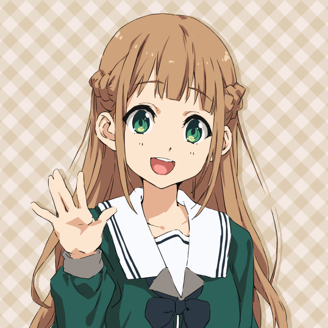 1girl 22/7 22/7_ongaku_no_jikan :d black_bow black_bowtie bow bowtie braid brown_background brown_hair drop_shadow green_eyes green_shirt half_up_braid hand_up long_sleeves looking_at_viewer muranaka_haruna official_art open_mouth portrait rokubanchou_school_uniform sailor_collar school_uniform serafuku shirt smile solo straight-on teeth upper_teeth_only waving white_sailor_collar winter_uniform