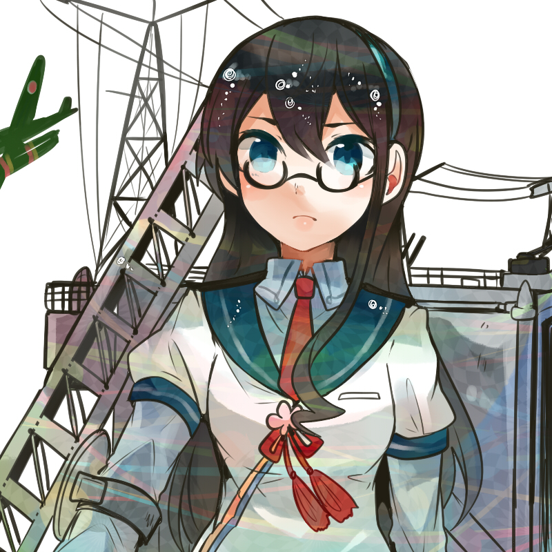 1girl aircraft aircraft_catapult airplane anti-aircraft anti-aircraft_gun black_hair blouse floatplane glasses hairband itomugi-kun kantai_collection long_hair long_sleeves necktie ooyodo_(kancolle) radar radio_antenna school_uniform seaplane serafuku shirt solo