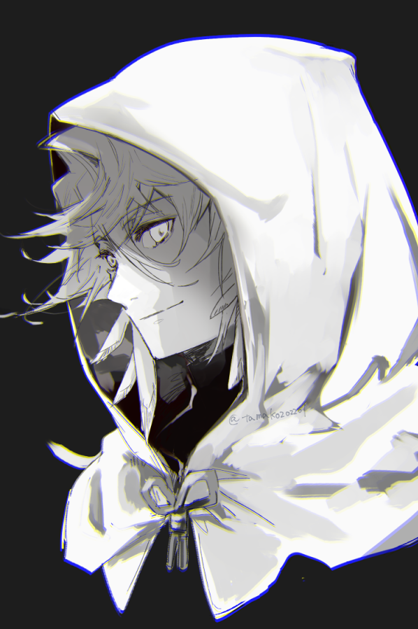 1boy black_background fate/grand_order fate_(series) flower_knot hair_between_eyes hanako_(onikutabetaiyo) hood hooded_robe long_hair looking_at_viewer merlin_(fate) monochrome ribbon robe signature smile solo upper_body white_hair