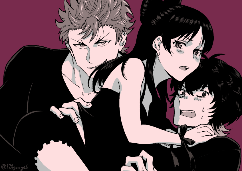 1boy 1girl :o artist_name black_hair blush brown_eyes dark_persona hand_on_another&#039;s_hip inaba_jouji long_hair magami_keigo miyao_nemu short_hair simple_background sweatdrop witch_watch