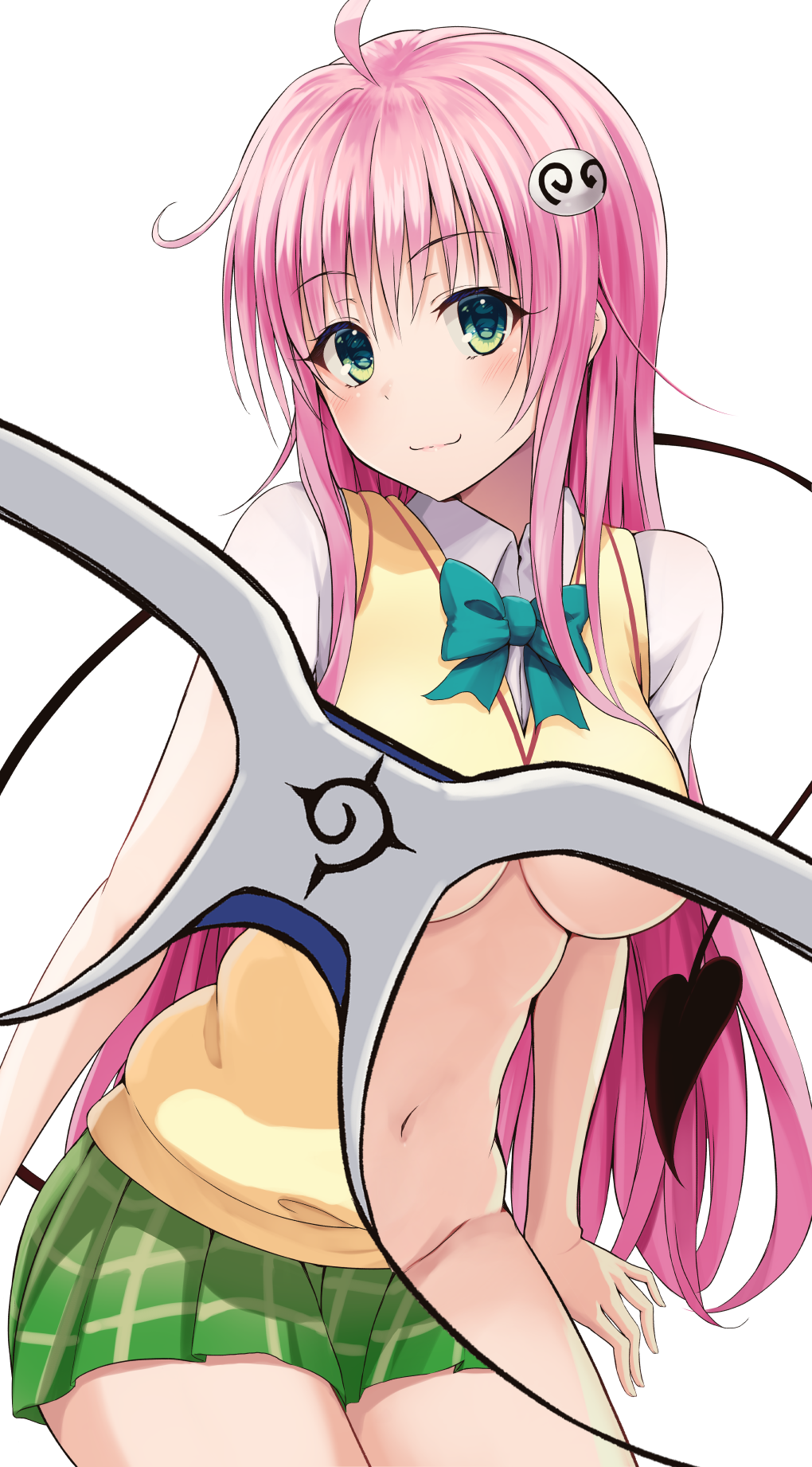 1girl ahoge aqua_bow aqua_bowtie bow bowtie breasts closed_mouth demon_girl demon_tail green_eyes green_skirt highres k3rd lala_satalin_deviluke large_breasts long_hair looking_at_viewer medium_breasts navel pink_hair plaid_clothes plaid_skirt pleated_skirt sainan_high_school_uniform school_uniform shirt simple_background skirt solo sweater_vest tail to_love-ru white_background white_shirt x-ray_glasses x-ray_vision yellow_sweater_vest