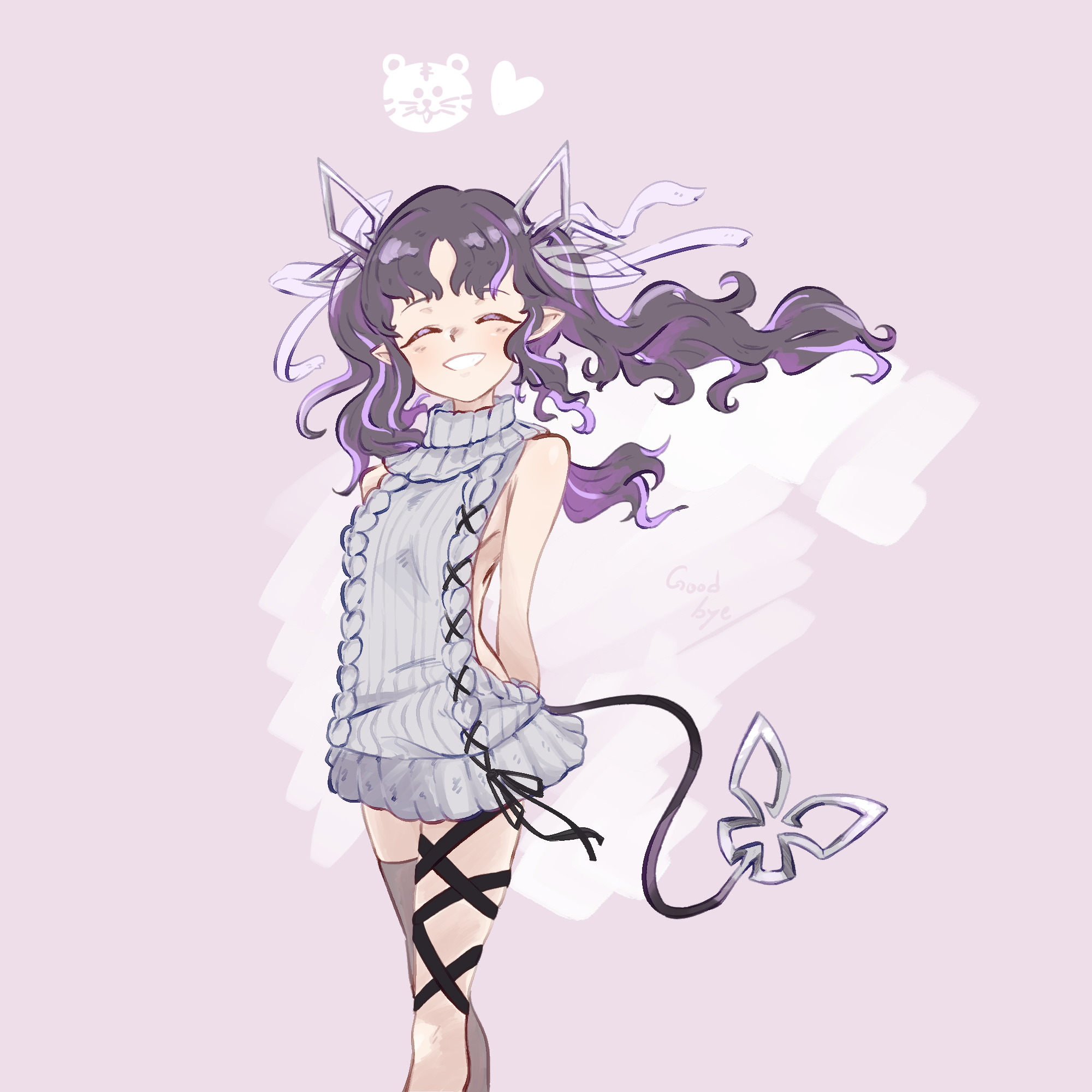 1girl aran_sweater arms_behind_back black_hair black_ribbon blush breasts buranka cable_knit closed_eyes commentary_request demon_girl demon_horns demon_tail dress feet_out_of_frame goodbye grey_sweater grey_thighhighs grin hair_ribbon highres horns kojo_anna kojo_anna_(3rd_costume) leg_ribbon long_hair meme_attire multicolored_hair nanashi_inc. official_alternate_costume pointy_ears purple_hair ribbed_sweater ribbon single_thighhigh sleeveless sleeveless_sweater small_breasts smile solo sweater sweater_dress tail thighhighs turtleneck turtleneck_sweater twintails two-tone_hair virgin_killer_sweater virtual_youtuber white_ribbon
