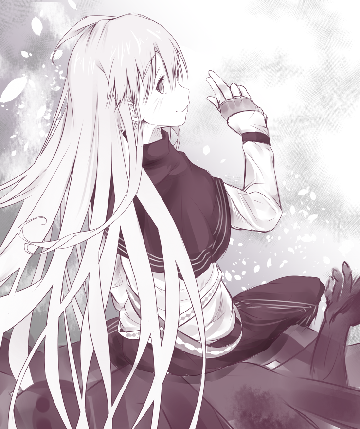 1boy 4others ambiguous_gender androgynous belt closed_mouth commentary_request fingerless_gloves from_behind gloves greyscale hand_up light_blush long_hair long_sleeves looking_at_viewer medium_eyebrows monochrome multiple_others pants shin_(highest1192) sidelocks sitting sitting_on_person smile solo thor_(toaru_majutsu_no_index) toaru_majutsu_no_index toaru_majutsu_no_index:_new_testament very_long_hair