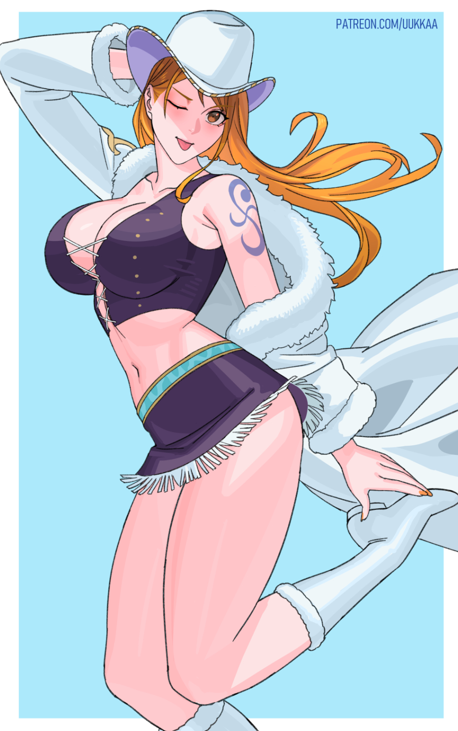 1girl ;p arm_behind_head arm_up armpit_crease blue_background boots border breasts brown_eyes cleavage coat collarbone cosplay cowboy_hat crop_top cross-laced_clothes cross-laced_top floating_hair foot_out_of_frame foot_up fur-trimmed_coat fur_trim hair_behind_ear hand_on_headwear hat highres knee_boots large_breasts long_hair long_sleeves looking_at_viewer looking_to_the_side midriff miniskirt nail_polish nami_(one_piece) narrow_waist navel nico_robin nico_robin_(alabasta) nico_robin_(cosplay) one_eye_closed one_piece orange_hair orange_nails outside_border paid_reward_available patreon_username purple_skirt purple_vest shoulder_tattoo simple_background single_bare_shoulder skirt solo tattoo thick_thighs thighs tongue tongue_out uukkaa vest white_boots white_border white_coat white_hat