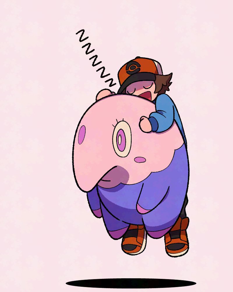 1boy :d blue_jacket brown_hair closed_eyes gen_5_pokemon hat hilbert_(pokemon) jacket long_sleeves male_focus musharna nintendo open_mouth pants pokemon pokemon_(creature) pokemon_bw red_hat red_shoes shoes short_hair sleeping smile tyako_089 u_u white_background zzz