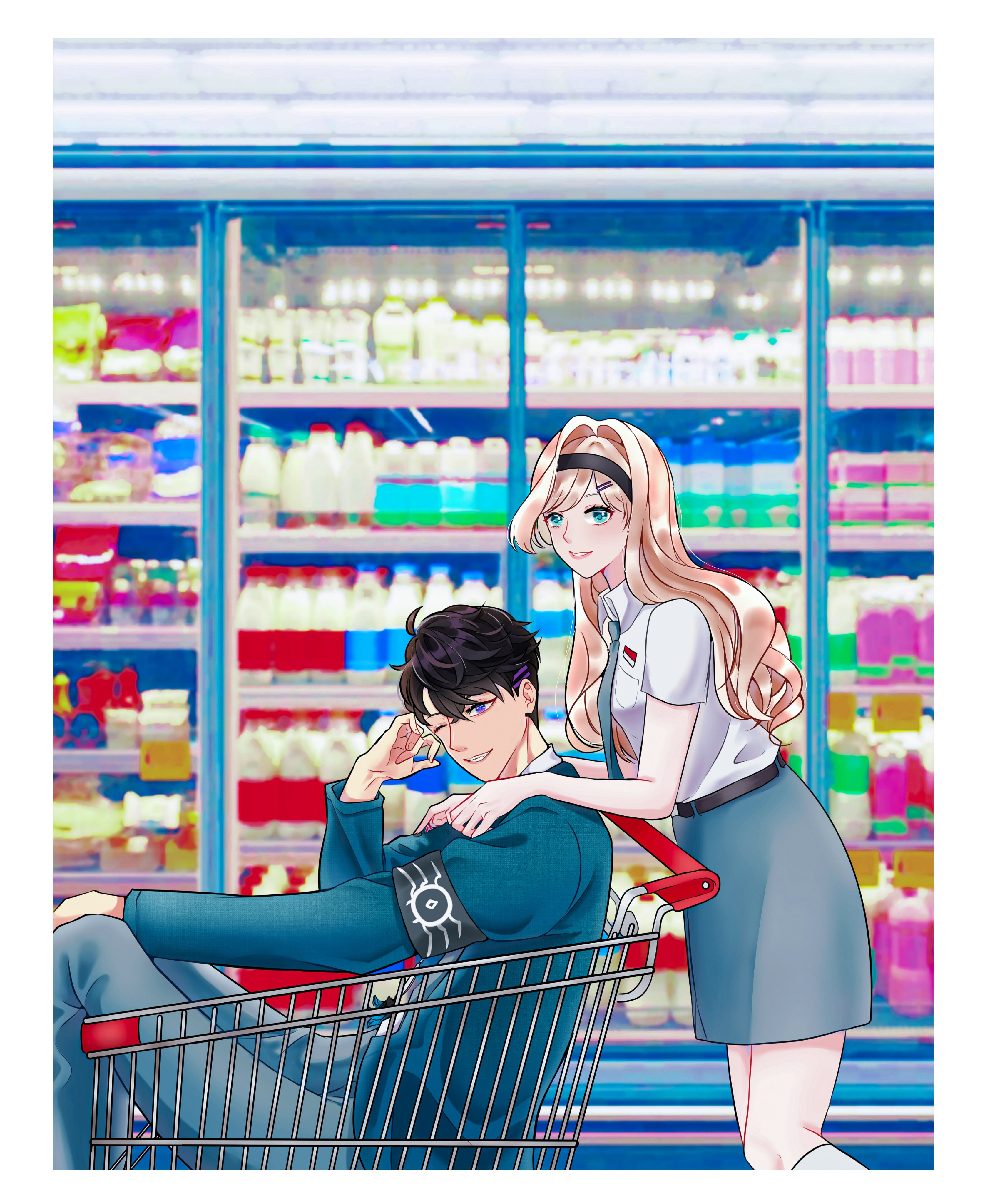 1boy 1girl absurdres alternate_hairstyle armband belt black_belt black_hairband blue_jacket blue_neckwear blue_pants blue_skirt collared_shirt commentary english_commentary hairband hands_on_another's_shoulders highres in_shopping_cart jacket layla_alstroemeria necktie nijisanji nijisanji_id pants reza_avanluna school_swimsuit shirt shopping_cart skirt smile supermarket swimsuit virtual_youtuber white_shirt zee_(oreomisme)