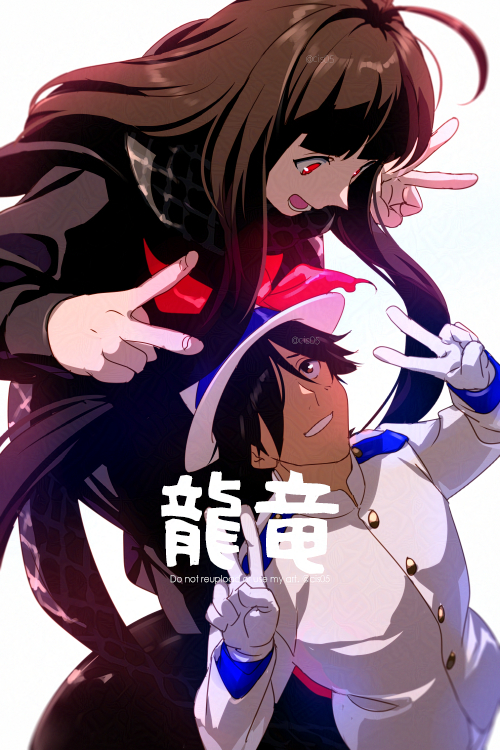 1boy 1girl adversarial_noise black_hair black_scarf black_shirt black_skirt breasts echo_(circa) fate/grand_order fate_(series) fedora formal_clothes grey_eyes grin hat long_hair long_skirt long_sleeves medium_breasts neckerchief open_mouth oryou_(fate) pink_eyes pleated_skirt sakamoto_ryouma_(fate) scarf shirt short_hair skirt smile suit translation_request very_long_hair white_hat white_suit