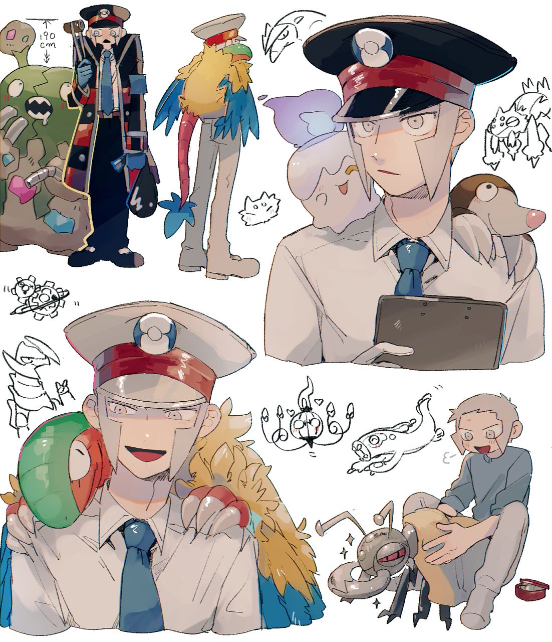 2boys :d akamtvahosi archeops armband bag black_coat black_footwear black_hat black_pants blue_armband blue_gloves blue_necktie blue_shirt boots brothers chandelure claws closed_mouth coat collared_coat collared_shirt commentary_request drilbur drooling durant eelektross emmet_(pokemon) excadrill galvantula garbodor gen_5_pokemon gloves grey_eyes grey_footwear grey_hair grey_hat grey_pants grey_socks hand_up hat haxorus highres holding holding_bag holding_towel ingo_(pokemon) joltik klinklang knees_up litwick long_sleeves male_focus mouth_drool multiple_boys multiple_views necktie nintendo no_headwear on_shoulder open_clothes open_coat open_mouth pants peaked_cap pokemon pokemon_(creature) pokemon_bw pokemon_on_shoulder puff_of_air red_eyes sharp_teeth shirt shirt_tucked_in short_hair siblings sideburns simple_background sitting sleeves_rolled_up smile socks sparkle striped_coat talons teeth towel trash_bag triangle_mouth twins upper_body v-shaped_eyebrows white_background white_shirt wing_collar