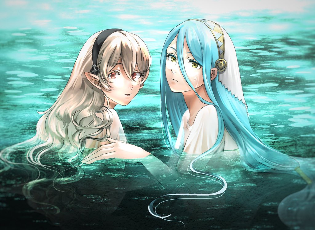 2girls azura_(fire_emblem) bathing bavaa black_headband blue_hair closed_mouth commentary female_corrin_(fire_emblem) fire_emblem fire_emblem_fates grey_hair hair_between_eyes hair_tubes headband in_water long_hair looking_at_viewer multiple_girls nintendo panties parted_bangs partially_submerged pointy_ears red_eyes shirt underwear veil very_long_hair water wet wet_clothes wet_hair wet_shirt white_shirt white_veil yellow_eyes