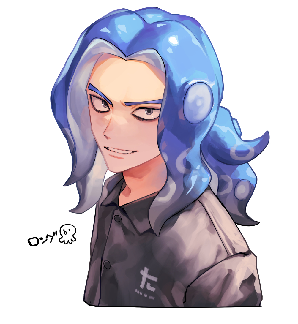 1boy black_shirt blue_hair check_copyright collared_shirt copyright_request cropped_torso grey_eyes grin looking_at_viewer male_focus octopus_boy original otani_(gloria) shirt simple_background smile solo teeth v-shaped_eyebrows white_background