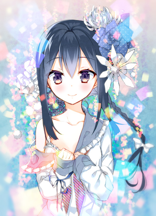 1girl black_hair blush bra braid brown_eyes collarbone female_focus flower hair_flower hair_ornament long_hair off_shoulder original school_uniform serafuku single_braid smile solo underwear yadapot