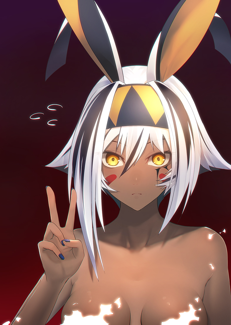 1girl animal_ears antenna_hair black_hair black_nails breasts colored_inner_hair dark-skinned_female dark_skin facepaint facial_mark fate/grand_order fate_(series) fire fire_censor hairband jackal_ears looking_at_viewer medium_breasts minami_koyogi multicolored_hair nitocris_(fate) nitocris_alter_(fate) nitocris_alter_(second_ascension)_(fate) nude short_hair sidelocks streaked_hair v white_fire white_hair yellow_eyes