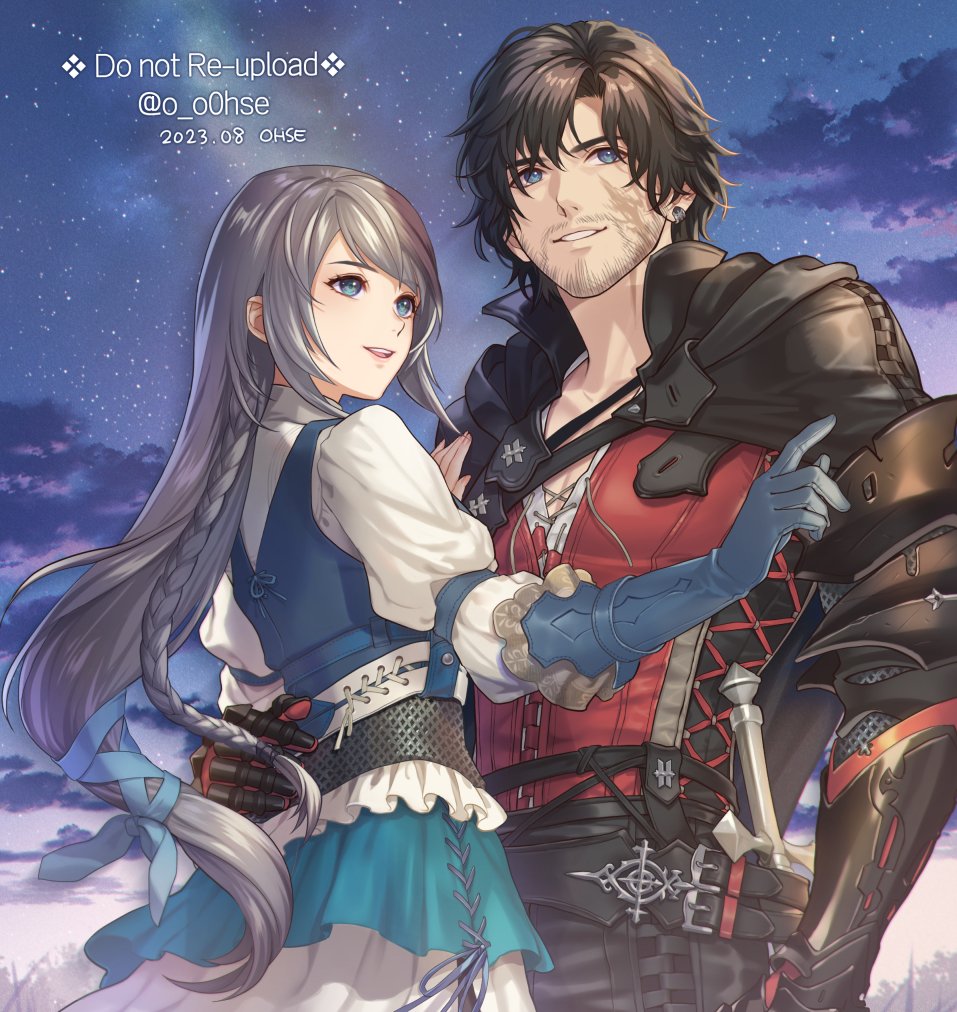 1boy 1girl armor armored_gloves beard beard_stubble belt black_hair braid chainmail chinstrap_beard clive_rosfield couple drawstring dusk facial_hair final_fantasy final_fantasy_xvi floating_hair frilled_skirt frills grey_hair hair_ribbon hand_on_another&#039;s_hip hand_on_another&#039;s_shoulder hetero jill_warrick long_hair low-braided_long_hair low-tied_long_hair mustache_stubble night night_sky ohse puffy_sleeves ribbon scar scar_on_face short_hair skirt sky star_(sky) starry_sky stubble sword tied_drawstring weapon wind wind_lift