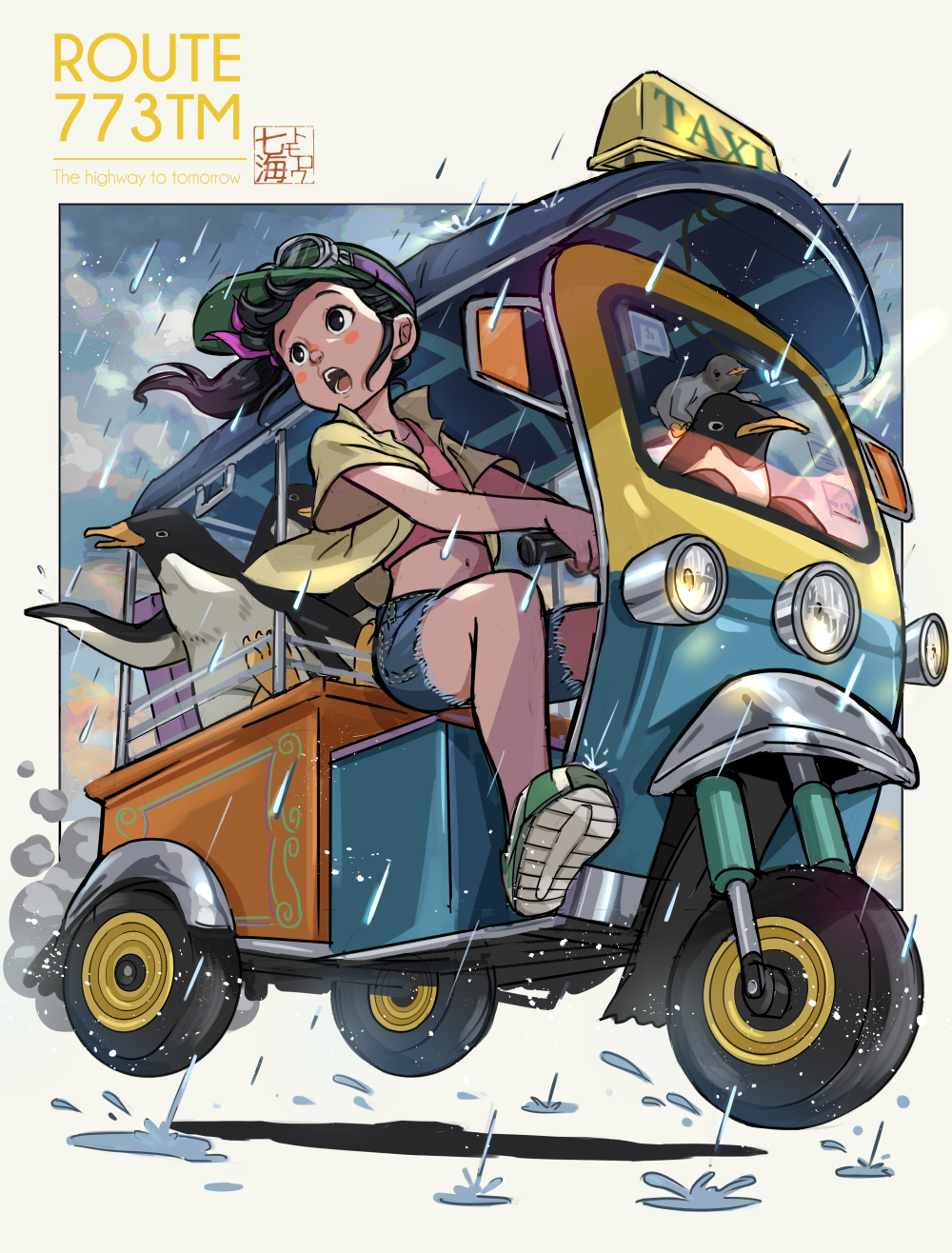 1girl animal bird black_eyes black_hair blush_stickers bow crop_top cutoffs denim denim_shorts english_text goggles goggles_on_headwear green_footwear green_hat hair_bow hat highres midriff moped motor_vehicle nanami_tomorou navel open_clothes open_mouth open_shirt original penguin ponytail purple_bow rain shoes short_shorts short_sleeves shorts taxi