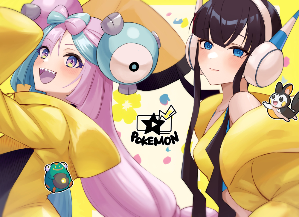 2girls :d aqua_hair bellibolt black_hair blue_eyes blunt_bangs blush chen_(1717) closed_mouth commentary_request copyright_name elesa_(pokemon) emolga fur_jacket game_freak gen_5_pokemon headphones iono_(pokemon) jacket long_hair multiple_girls nintendo open_mouth pokemon pokemon_bw2 pokemon_sv purple_eyes purple_hair sharp_teeth short_hair_with_long_locks sidelocks smile star_(symbol) teeth tongue upper_teeth_only yellow_jacket