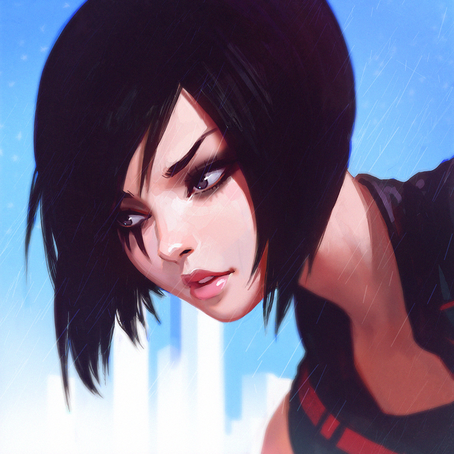 1girl black_eyes black_hair bob_cut facial_tattoo faith_connors female_focus gradient_background ilya_kuvshinov lips mirror&#039;s_edge mirror&#039;s_edge_(series) mirror&#039;s_edge_catalyst parted_lips realistic short_hair smile solo tattoo upper_body