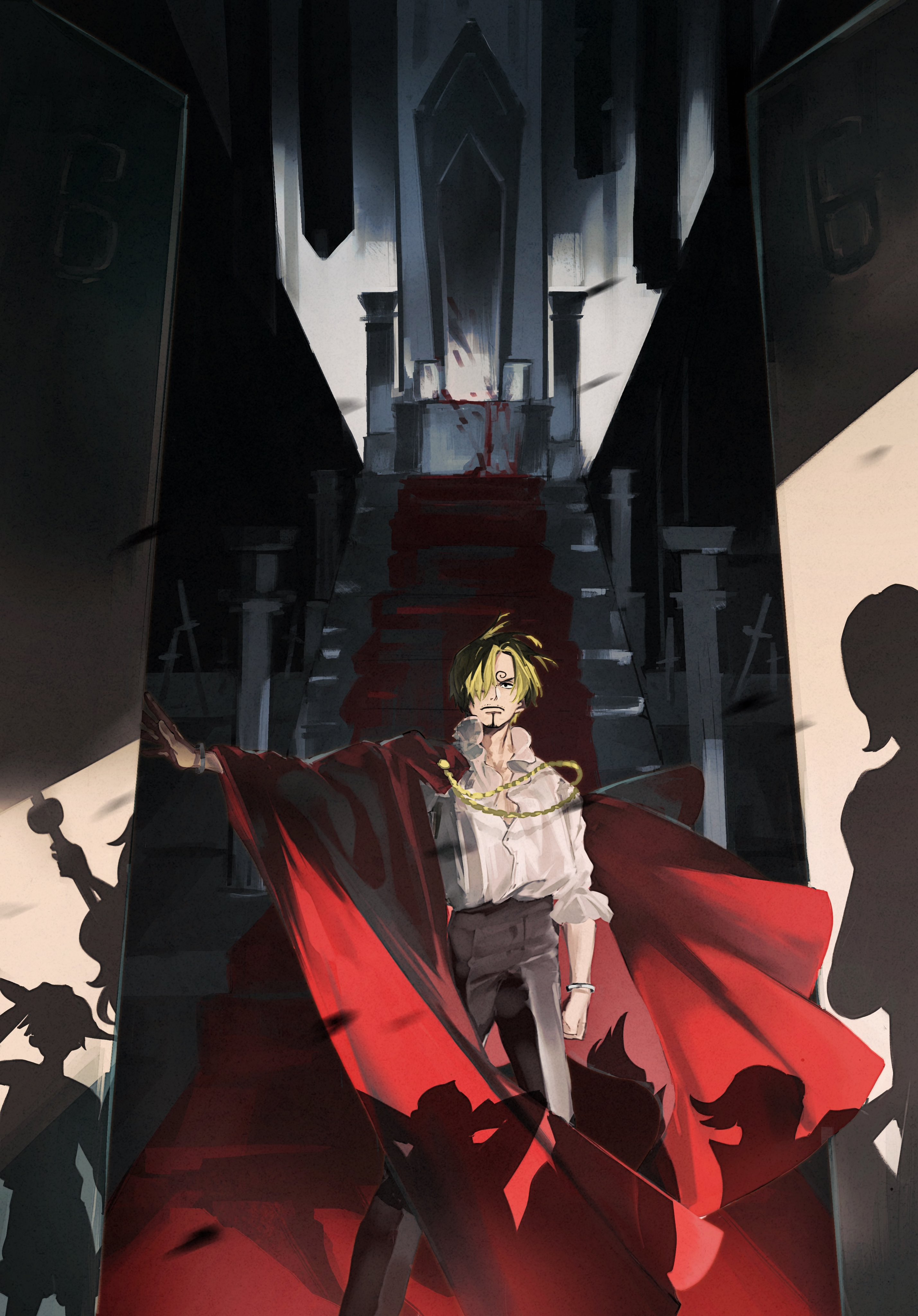 2girls 5boys absurdres black_pants blonde_hair blood cape clenched_hand facial_hair goatee hair_over_eyes highres monkey_d._luffy mrjieshisu multiple_boys multiple_girls nami_(one_piece) one_piece pants red_cape sanji_(one_piece) shadow shirt stairs throne vinsmoke_ichiji vinsmoke_niji vinsmoke_reiju vinsmoke_yonji walking white_shirt