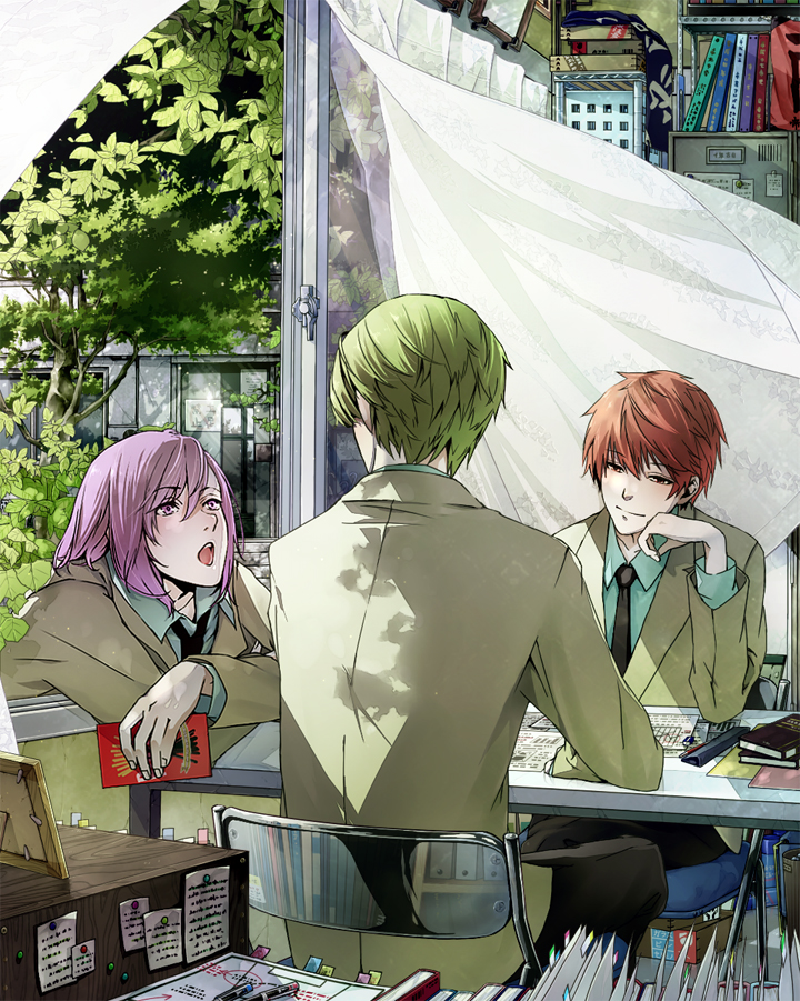 12092210ay 3boys akashi_seijuurou black_necktie blue_shirt book book_stack brown_jacket chair collared_shirt commentary_request curtains cushion elbow_on_table floating_curtains green_hair head_rest jacket kuroko_no_basuke lapels layered_sleeves long_sleeves looking_at_another looking_down male_focus midorima_shintarou multiple_boys murasakibara_atsushi necktie open_mouth open_window pen plant purple_eyes purple_hair school_uniform shirt sitting smile suit_jacket table tree window wing_collar