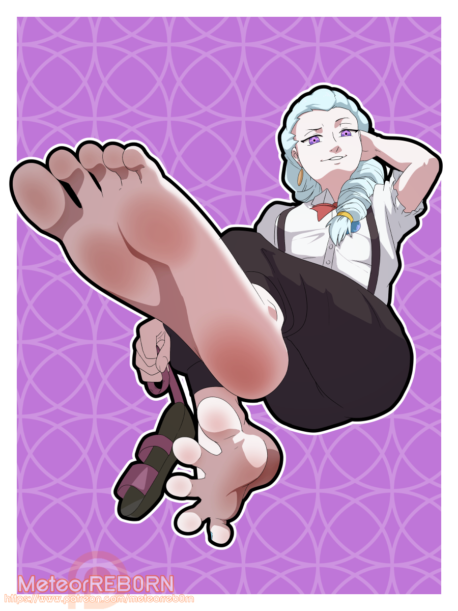 arm_behind_head arm_up artist_name barefoot bow bowtie braid buttons collared_shirt death_parade earrings foot_focus from_below highres holding_unworn_clothes holding_footwear holding_unworn_clothes jewelry long_hair looking_at_viewer looking_down meteorreb0rn nail_polish nona_(death_parade) open_mouth pants patreon_logo patreon_username purple_background purple_eyes sandals shirt soles spread_toes thighs toenail_polish toenails toes unworn_sandals watermark web_address white_hair