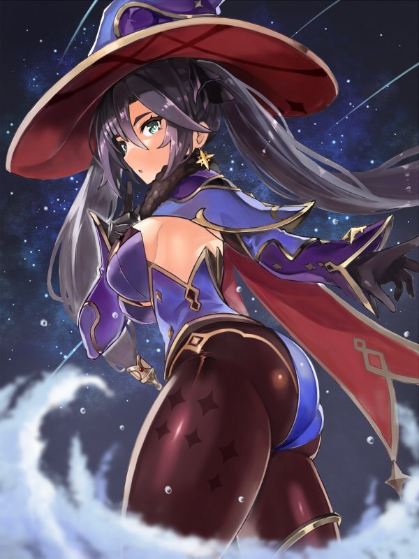 1girl aqua_eyes ass black_legwear bow breasts cape earrings edobox from_side genshin_impact hair_bow hat jewelry large_breasts leotard mona_(genshin_impact) night night_sky purple_hair sideboob sky solo star_(sky) starry_sky twintails witch_hat