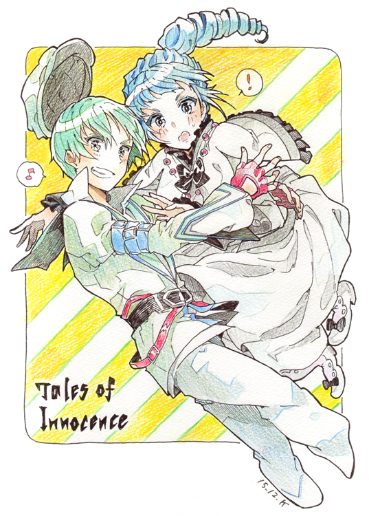 ! 1boy 1girl ange_serena belt blue_eyes blue_hair blush capelet copyright_name dated dress drill_hair fingerless_gloves frills gloves green_hair grey_eyes hat jacket jewelry long_hair musical_note necklace open_mouth pants pantyhose ponytail ribbon shoes short_hair spada_belforma speech_bubble tales_of_(series) tales_of_innocence