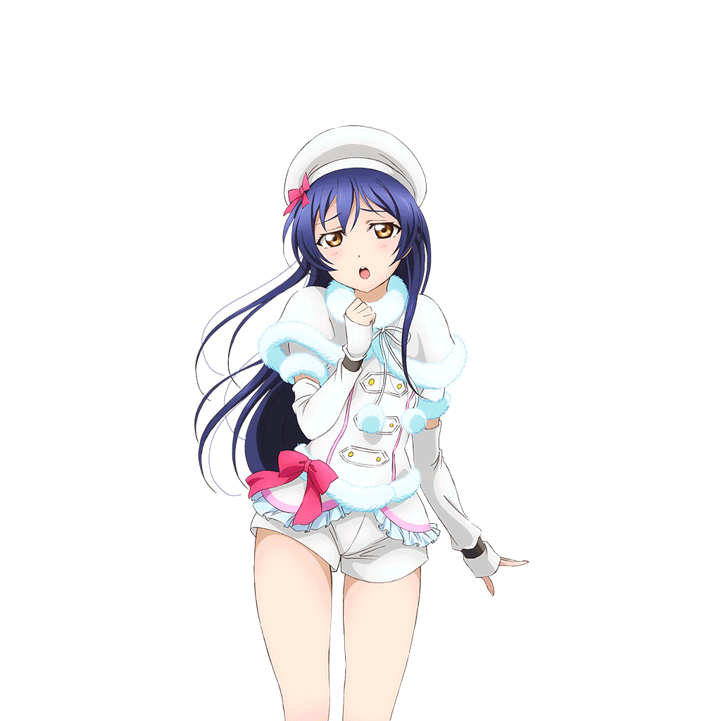 1girl blue_hair cape cowboy_shot detached_sleeves frilled_shirt frills fur_cape fur_shirt hand_up hat long_hair looking_at_viewer love_live! love_live!_school_idol_festival love_live!_school_idol_project official_art open_mouth pink_ribbon ribbon shirt shorts snow_halation solo sonoda_umi teeth transparent_background upper_teeth_only white_hat white_shirt white_shorts yellow_eyes