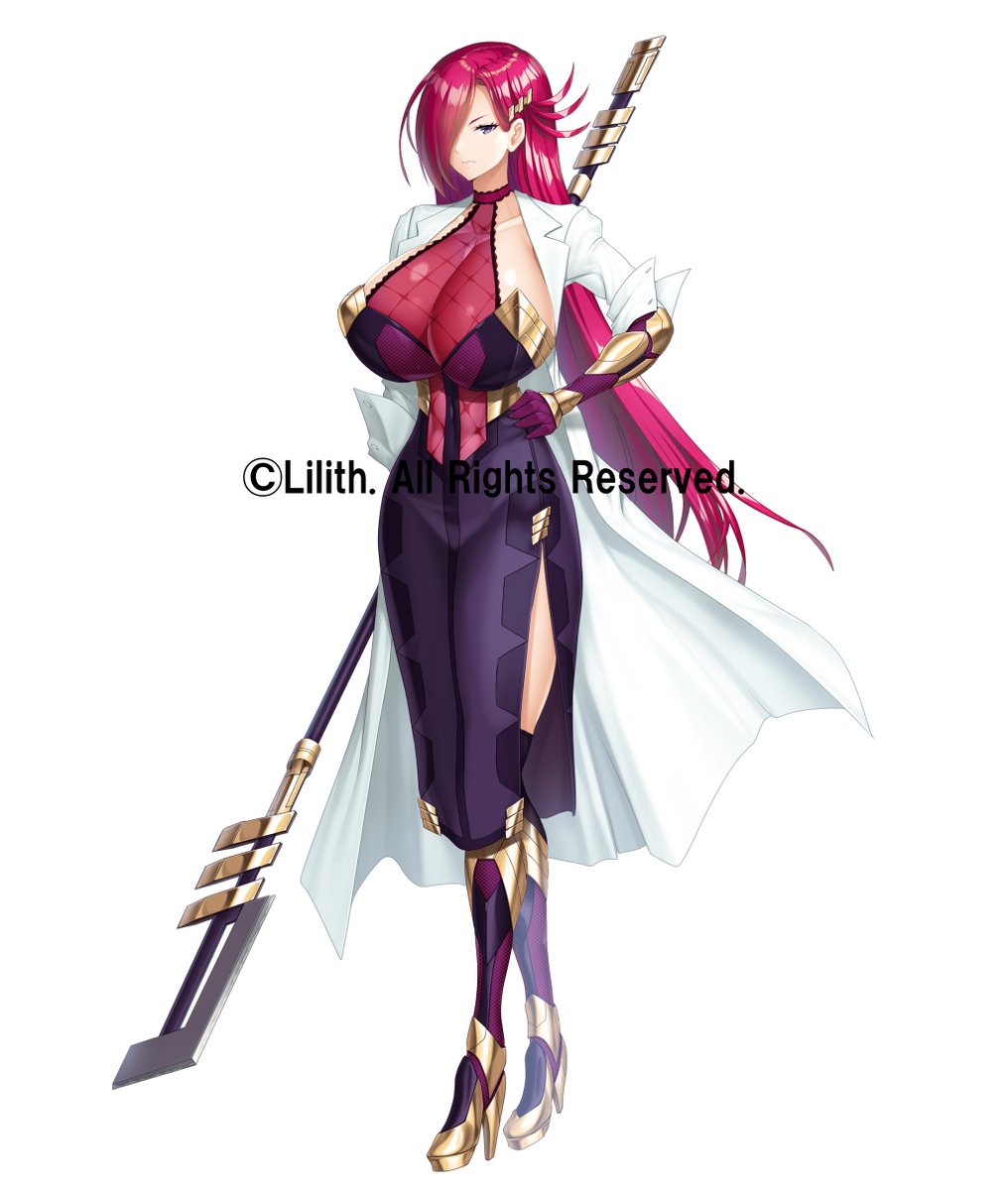 1girl asahi breasts elbow_gloves gloves hair_over_one_eye hand_on_own_hip highres holding holding_polearm holding_spear holding_weapon huge_breasts lilith-soft long_hair looking_at_viewer polearm shiny_skin spear taimanin_(series) taimanin_rpgx tateishi_yoshimi weapon wide_hips