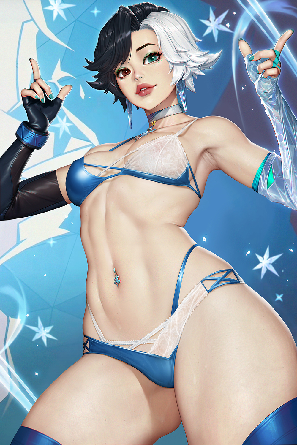 1girl aqua_eyes aqua_nails bikini black_gloves black_hair blue_bikini breasts brown_eyes choker commentary english_commentary eyeshadow fingerless_gloves gloves green_eyeshadow heterochromia highres lace_bikini lips luna_snow makeup marvel marvel_rivals mixed-language_commentary multicolored_hair navel_piercing neoartcore paid_reward_available parted_lips piercing see-through_bikini see-through_clothes snowflakes solo split-color_hair swimsuit thai_commentary white_choker white_hair