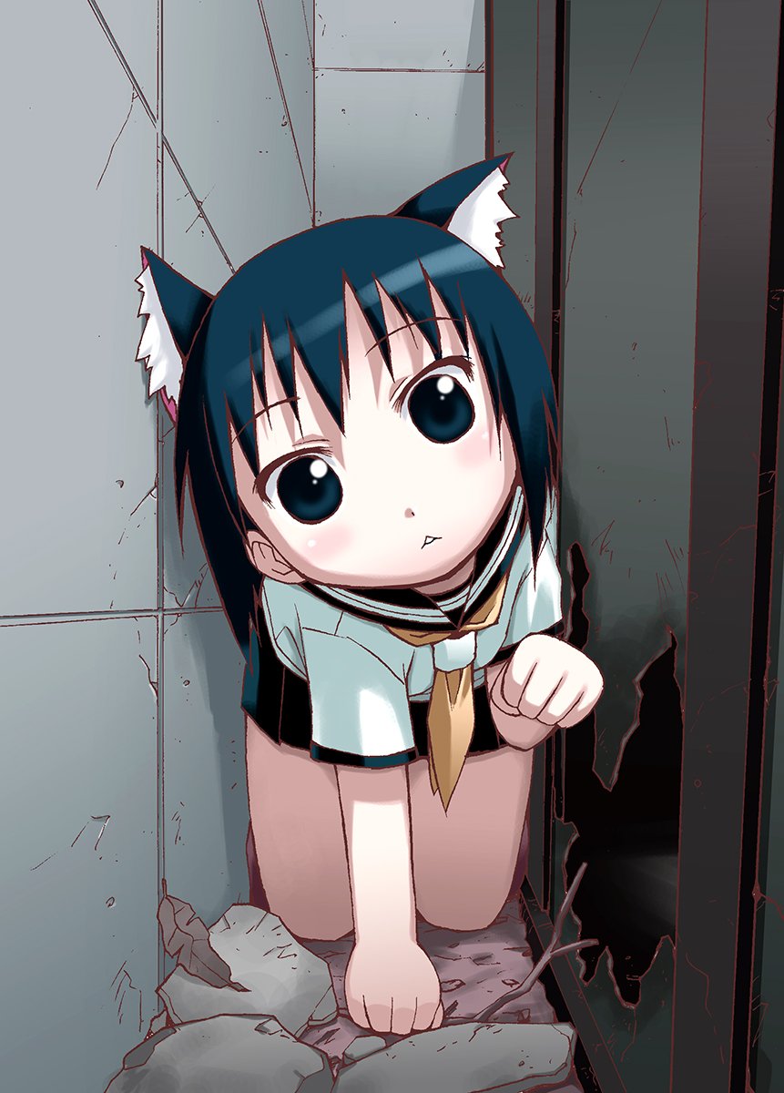 1girl :3 all_fours animal_ears black_eyes black_hair blush branch cat_ears female_focus head_tilt highres hole kashiwagi_kaede kizuato leaf paw_pose pleated_skirt school_uniform serafuku short_hair skirt solo stuck triangle_mouth wall yuuki_shin&#039;ichi