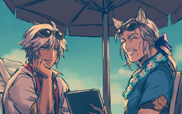 01rosso 2boys alanaan alternate_costume animal_ears bad_id bad_pixiv_id blue_eyes closed_eyes erune facial_hair granblue_fantasy long_hair lucio_(granblue_fantasy) lucio_(summer)_(granblue_fantasy) male_focus multiple_boys sevastien_(granblue_fantasy) short_hair sunglasses white_hair