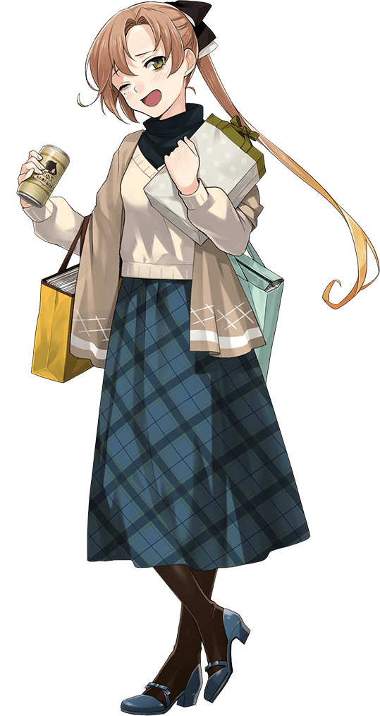1girl akigumo_(kancolle) akigumo_kai_ni_(comiket)_(kancolle) akigumo_kai_ni_(kancolle) bag bags_under_eyes black_pantyhose black_sweater blue_footwear blue_skirt brown_hair brown_shawl can cold_pack fujikawa full_body green_eyes hair_ribbon kantai_collection layered_clothes long_hair long_skirt mole mole_under_eye official_alternate_costume official_art one_eye_closed pantyhose plaid_clothes plaid_skirt ponytail ribbon shawl shopping_bag skirt smile solo standing sweater transparent_background white_sweater