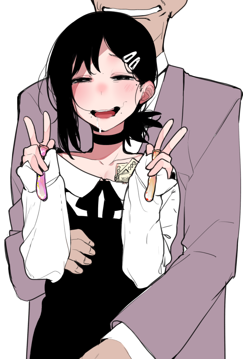 1boy 1girl black_dress black_hair blush chainsaw_man choker condom cum double_v dress formal_clothes from_behind hair_ornament hairclip hetero higashiyama_kobeni highres long_sleeves looking_at_viewer prostitution shikosour stray_pubic_hair suit used_condom v