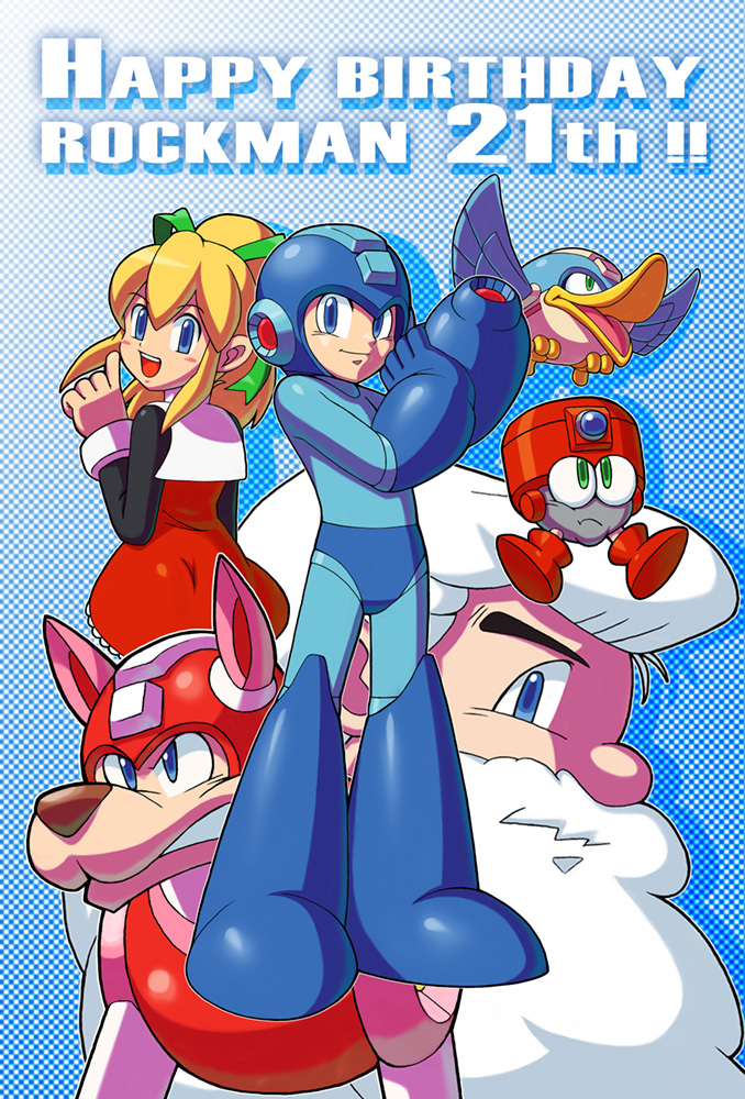 1girl android arm_cannon beard beat_(mega_man) birthday blonde_hair blue_eyes capcom dr._light_(mega_man) dress eddie_(mega_man) english_text engrish_text facial_hair go! helmet long_hair mega_man_(character) mega_man_(classic) mega_man_(series) non-humanoid_robot ponytail ranguage ribbon robot robot_animal robot_dog roll_(mega_man) rush_(mega_man) smile weapon white_hair