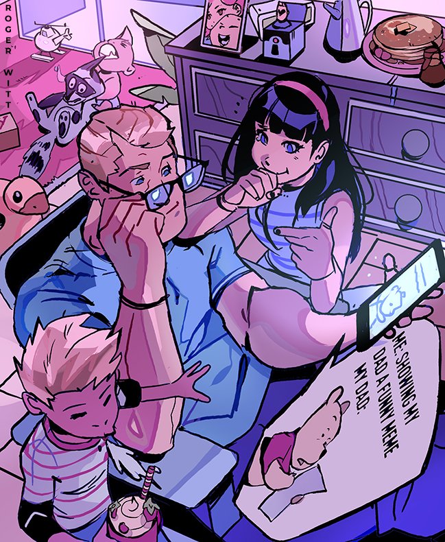1girl 3boys adjusting_eyewear animal artist_name baby biting black-framed_eyewear black_hair black_nails blonde_hair blue_eyes blue_shirt blunt_bangs bob_parr brother_and_sister brothers cellphone child closed_eyes cup dash_parr drawing_(object) drinking_straw biting_ear english_text father_and_daughter father_and_son food glasses hairband helen_parr holding holding_cup holding_phone indoors jack-jack_parr long_hair looking_at_phone mature_male meme multiple_boys pancake pancake_stack phone plate pooh rogerwitt shirt short_hair siblings sitting sleeveless sleeveless_shirt smile speech_bubble striped_clothes striped_shirt table tearing_up teeth the_incredibles toy vanity_table violet_parr winnie_the_pooh winnie_the_pooh_reading_(meme)